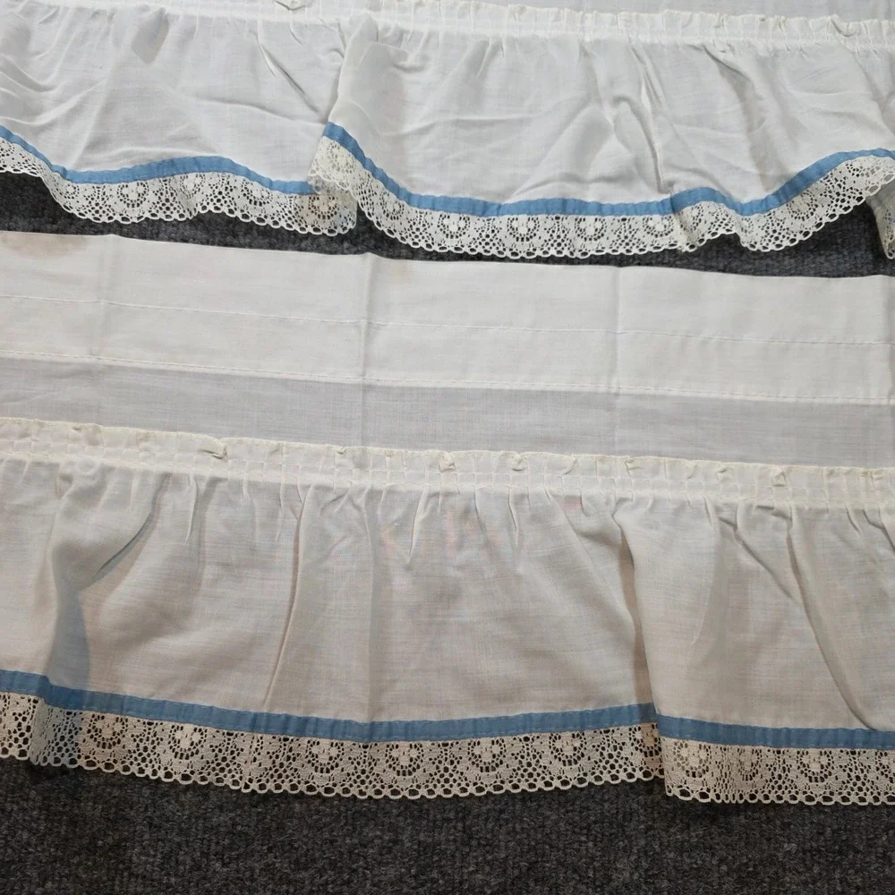 Vintage White Ruffled Lace Valance Set of 3 Blue Ribbon Trim Made in USA 45x10.5